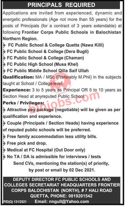 Principal Jobs In FC Public Schools in Balochistan 2021