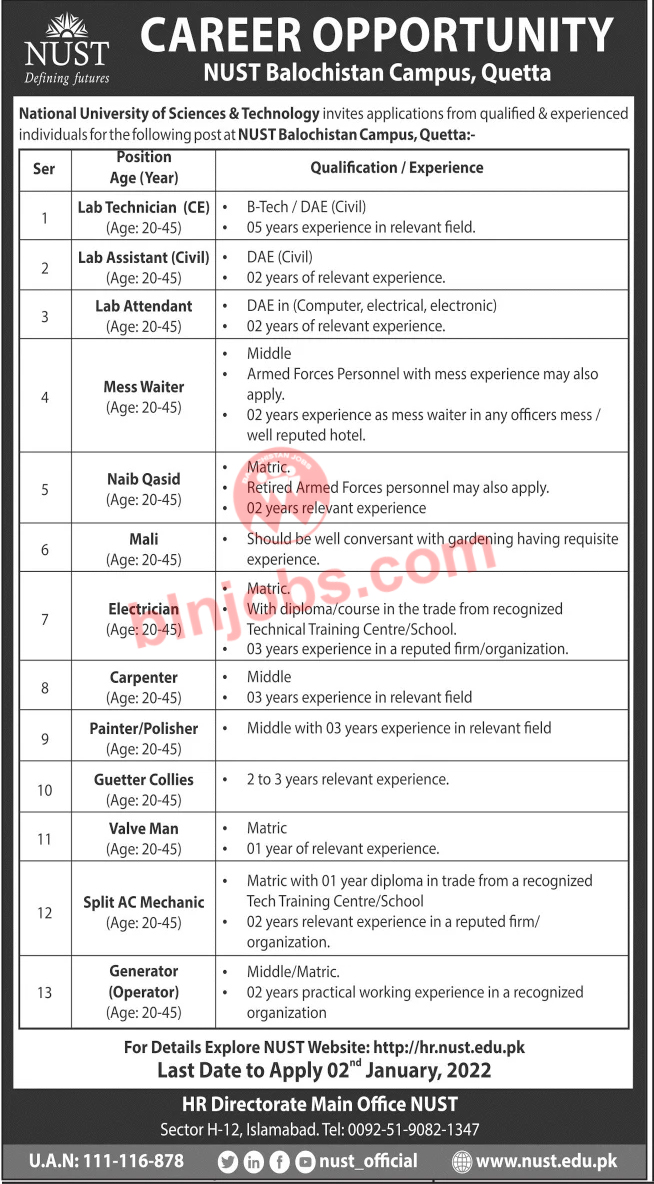 National University of Sciences and Technology NUST Quetta Jobs 2021