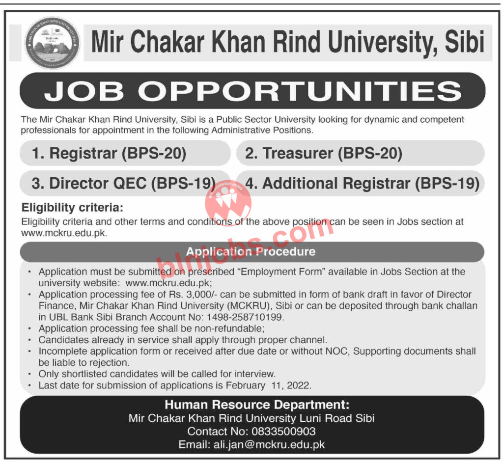 Mir Chakar Khan Rind University MCKRU Sibi Jobs 2022 - Balochistan Jobs