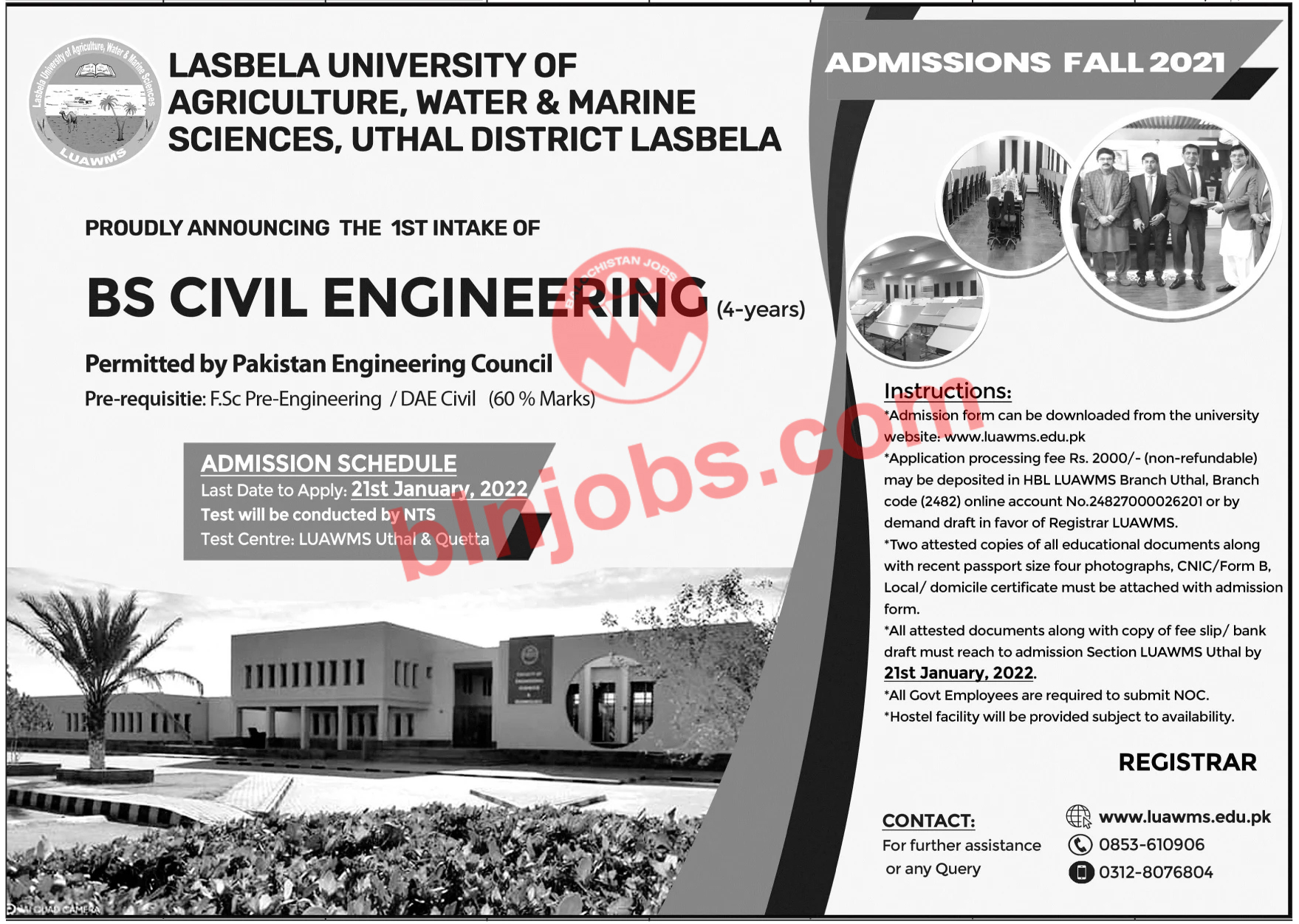 BS Civil Engineering Admissions in LUAWMS Uthal 2022