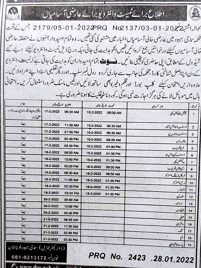 Social Welfare Department Balochistan Interview Schedule 2022