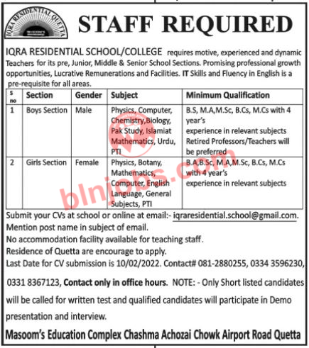 Iqra Residential School & Colleges Quetta Jobs 2022