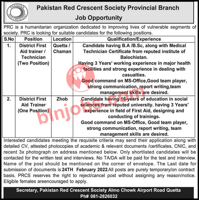 Pakistan Red Crescent Society Balochistan Jobs 2022