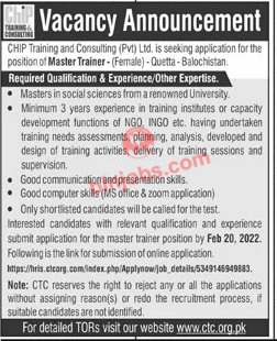 CHIP Training and Consulting CTC Quetta Jobs 2022