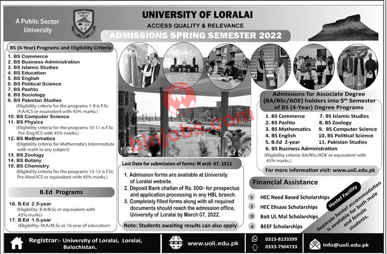 University of Loralai Admissions 2022