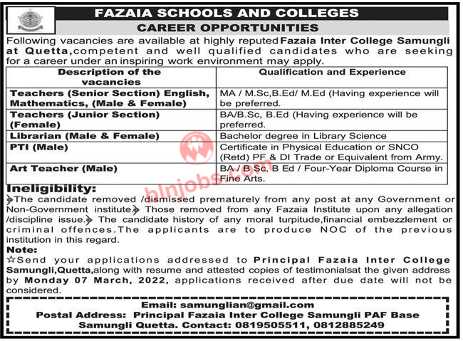 Fazaia School & Colleges Quetta Jobs 2022