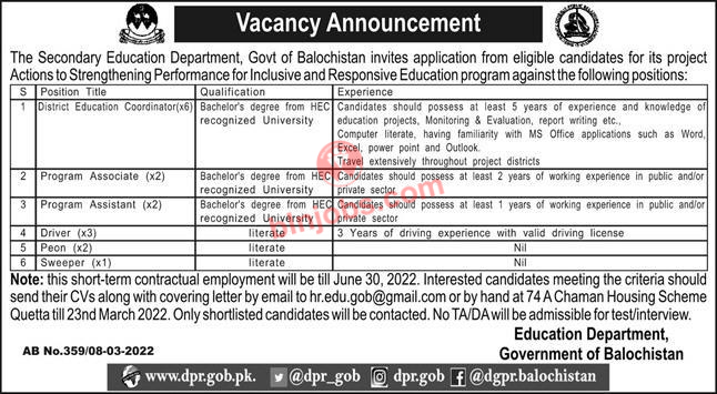 Education Department Balochistan Jobs 2022