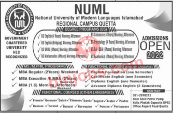 NUML Quetta Campus Admissions 2022