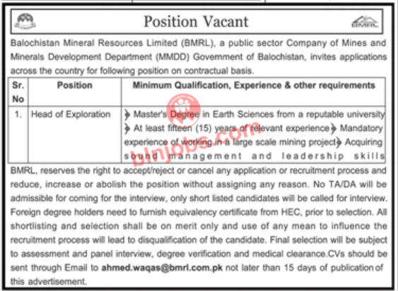 Balochistan Mineral Resources Limited BMRL Jobs 2022
