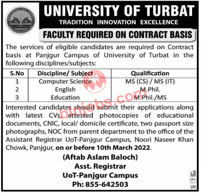 University of Turbat UOT Panjgur Campus Jobs 2022