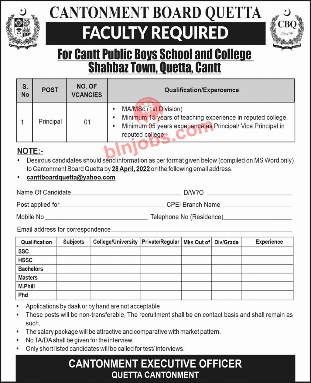 Cantt Public Boys School and College Quetta Jobs 2022