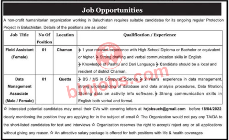 NGOs Jobs In Chaman and Quetta 2022