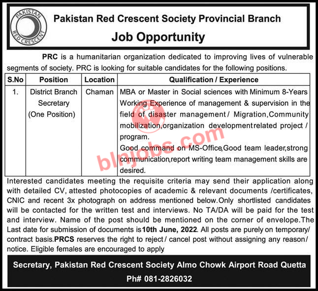 Pakistan Red Crescent Society Chaman Jobs 2022