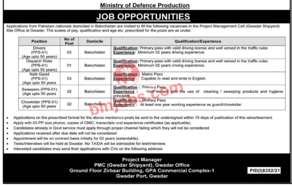 Ministry of Defence Production Balochistan Jobs 2022