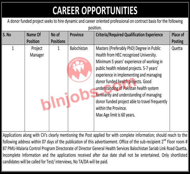 Project Manager Jobs In Quetta 2022