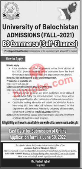 University of Balochistan UOB BS Commerce Admissions 2022