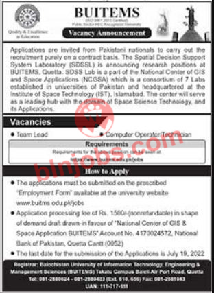 BUITEMS Quetta Job Advertisement 2022