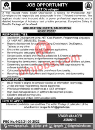 Net Developer Jobs in Public Sector Organization Balochistan 2022