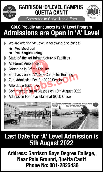 Garrison O Level Campus Quetta Cantt Admissions 2022
