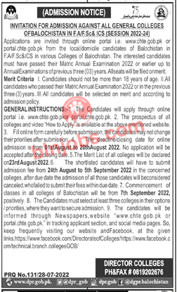 Balochistan Colleges Admission 2022 – FSc F.A and ICS 