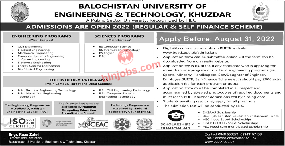 Balochistan University of Engineering & Technology BUET Khuzdar Admissions 2022
