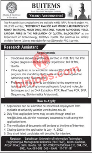 Research Assistant Jobs in BUITEMS Quetta 2022