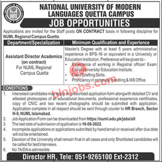 National University of Modern Language NUML Quetta Jobs 2022