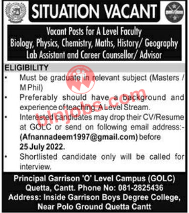 Garrison O Level Campus Quetta Cantt Jobs 2022