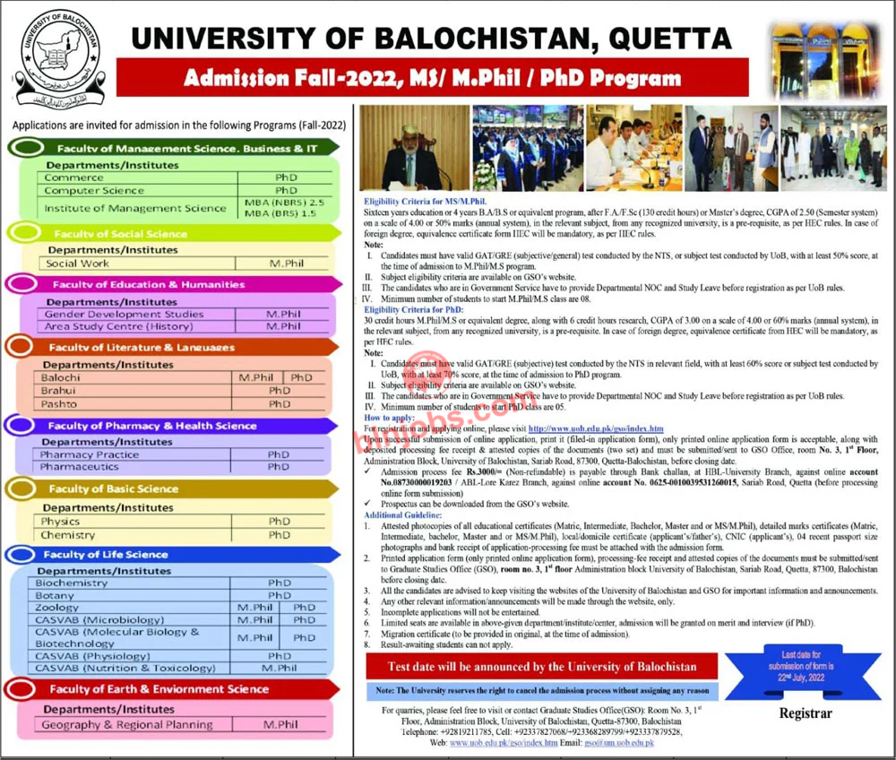 University of Balochistan UOB Quetta Admissions 2022