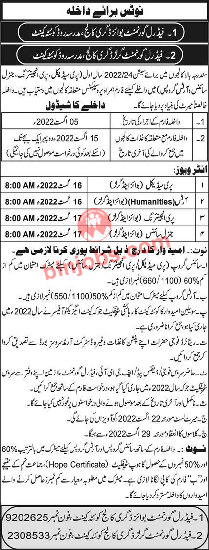 Federal Govt Boys & Girls Degree College Quetta Admissions 2022