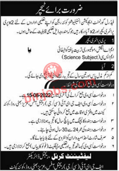 Federal Government Education Institutions Quetta Jobs 2022