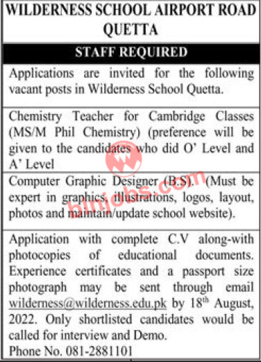 Wilderness School Quetta Jobs 2022