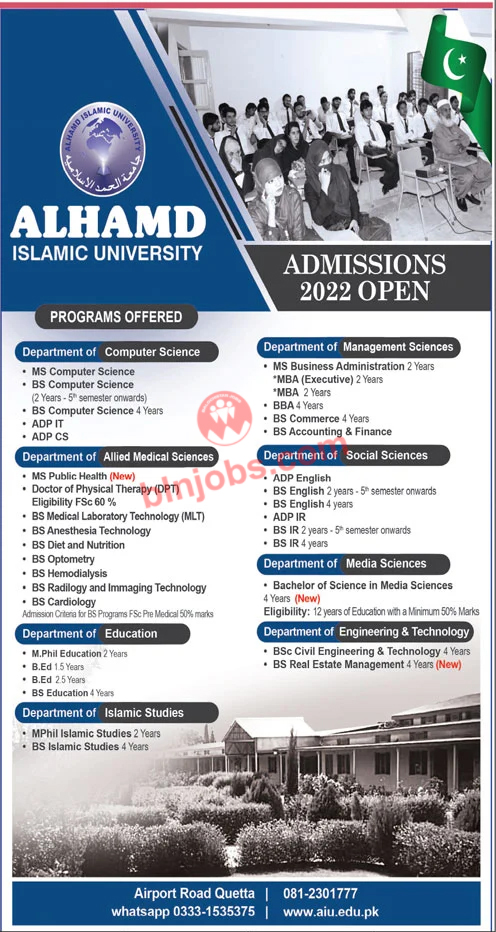 AlHamd Islamic University Quetta Admissions 2022