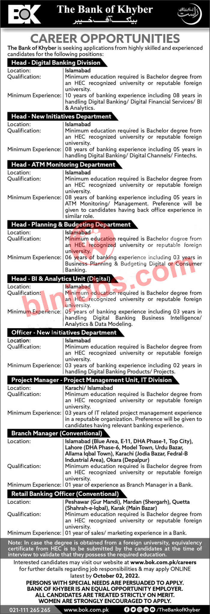 Bank of Khyber BOK Quetta Jobs 2022