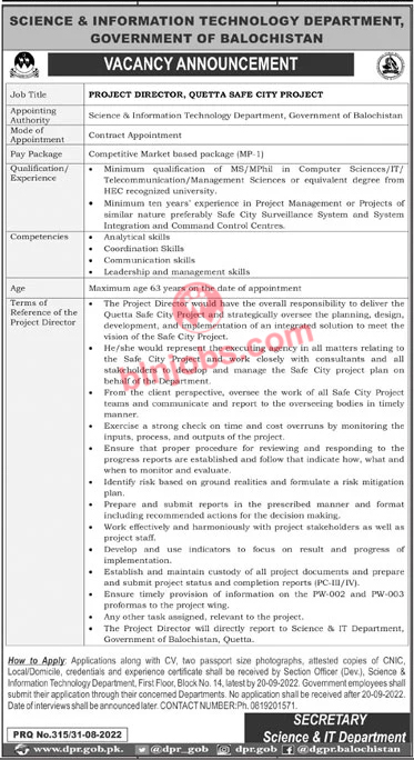 Science and Information Technology Department Balochistan Jobs 2022