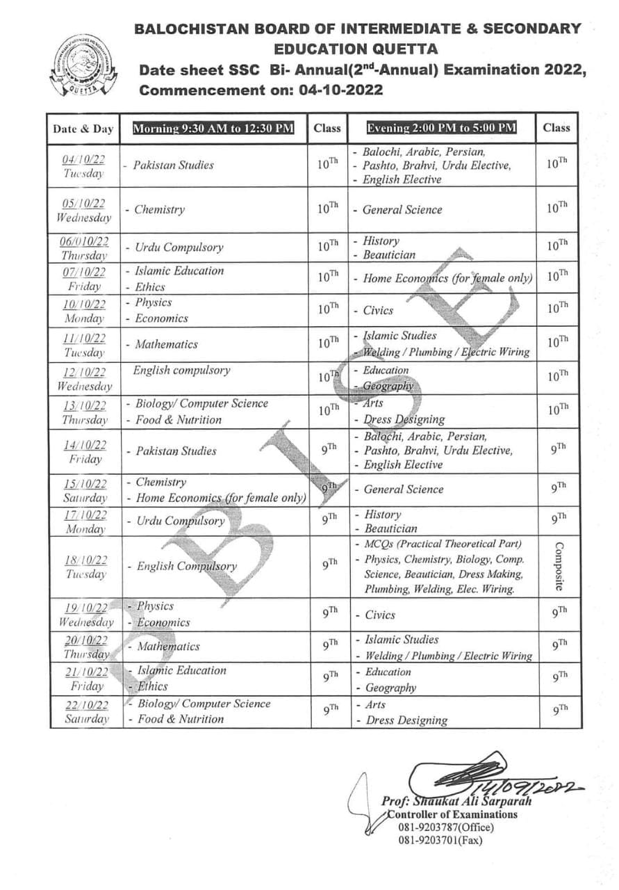BISE Quetta Matric Bi-Annual Exam Date Sheet 2022