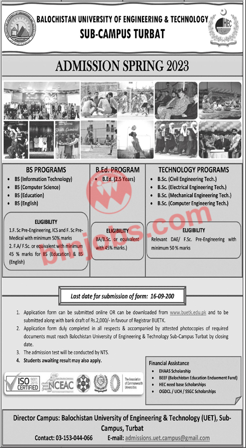Balochistan University of Engineering & Technology Turbat Campus Admissions 2023