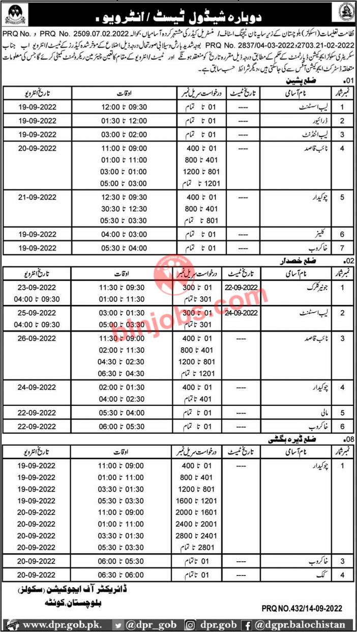 Education Department Balochistan Non Teaching Test Interview Schedule 2022
