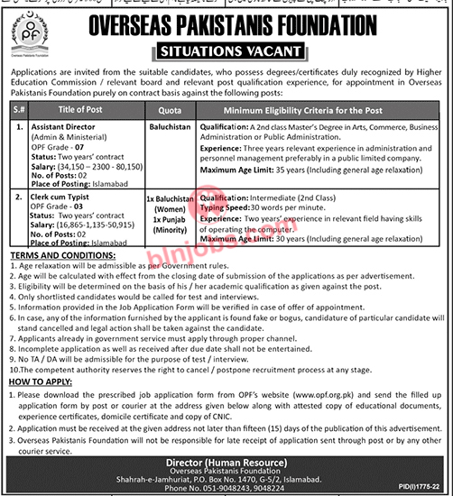 Overseas Pakistanis Foundation Balochistan Quota Jobs 2022
