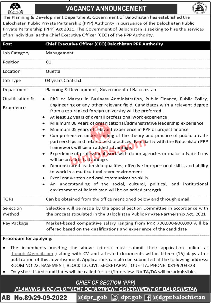 Planning and Development Department Balochistan Jobs 2022