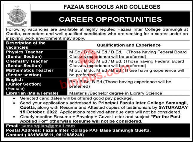 Fazaia Inter College Quetta Jobs 2022