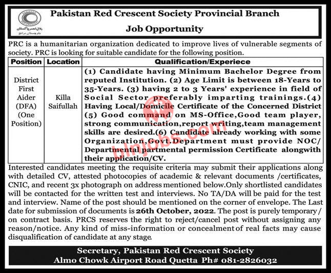 Pakistan Red Crescent Society PRCS Killa Saifullah Jobs 2022