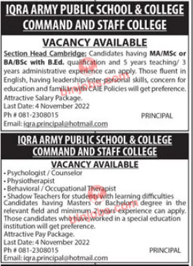 Iqra Army Public School and College Quetta Jobs 2022