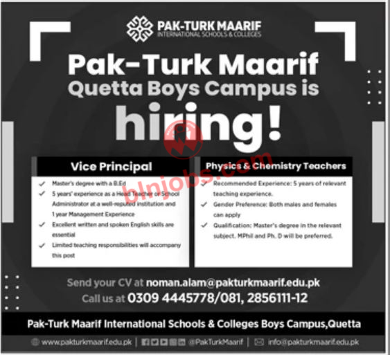 Pak Turk Maarif Quetta Boys Campus Jobs 2022