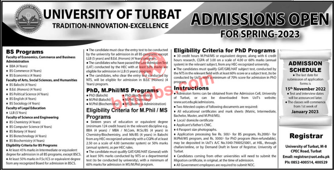 University of Turbat Admissions 2023