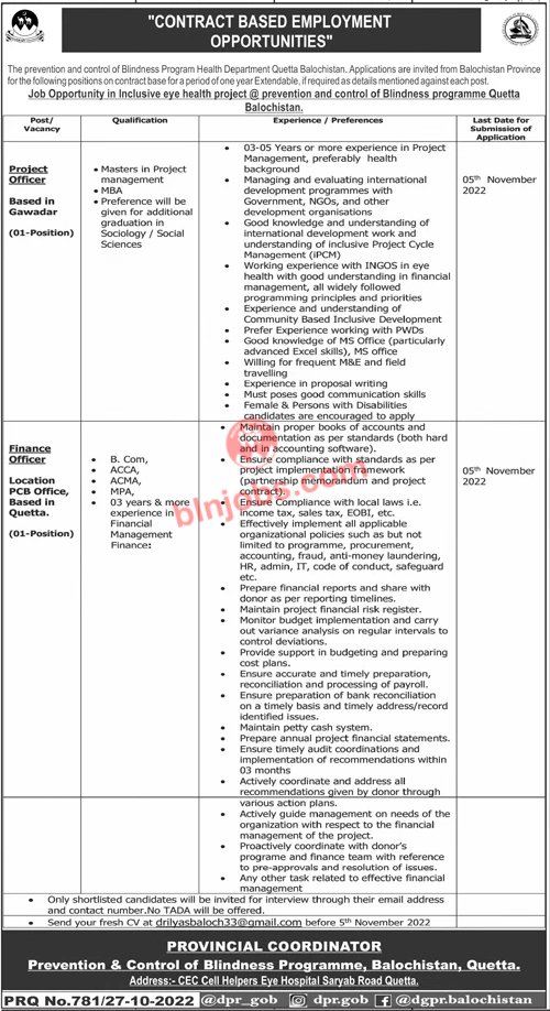 Prevention and Control of Blindness Programme Balochistan Jobs 2022