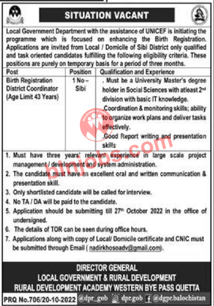 Local Government Department Balochistan Jobs 2022