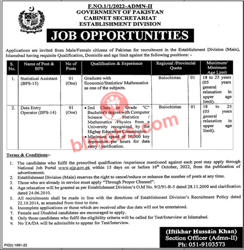 Cabinet Secretariat Establishment Division Balochistan Jobs 2022