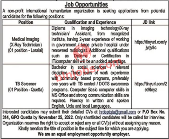 NGO Jobs In Quetta and Loralai 2022