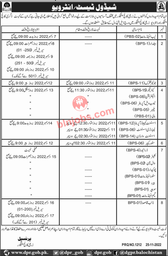 Agriculture College Panjgur Test Interview Schedule 2022